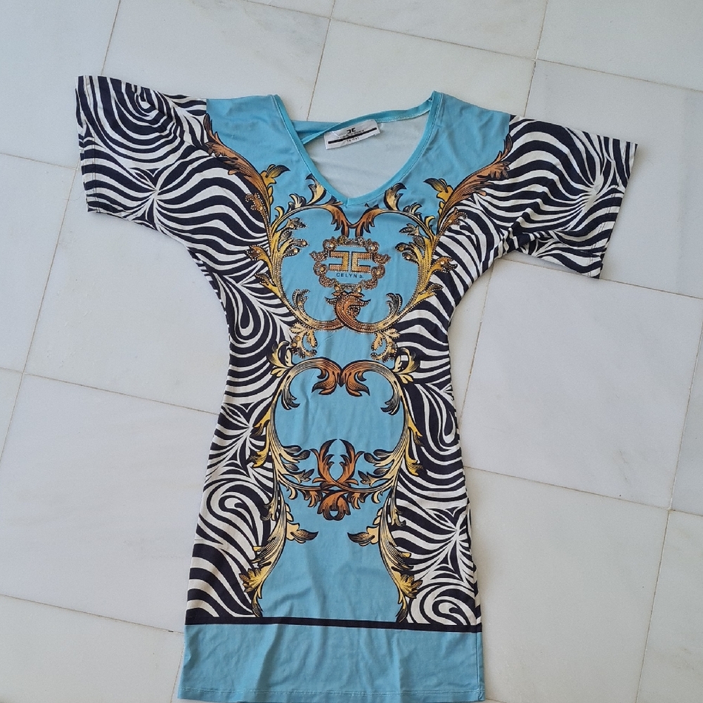 Elisabetta Franchi Elegant Blue and Gold Zebra Barocco Print Dress S